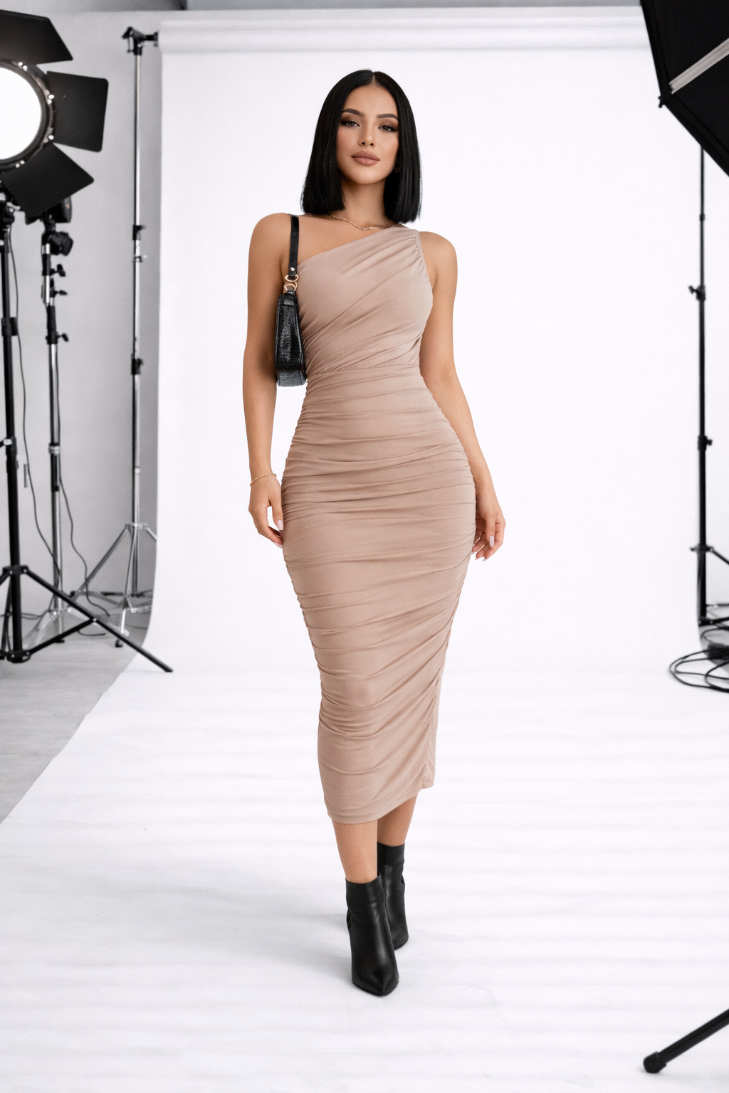 Asymmetrical Draped Midi Dress